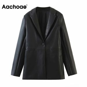 Aachoae الشارع الشهير الأسود بو فو الجلود السترة النساء حقق طوق أزياء سترة معطف الإناث طويلة الأكمام قمم قمم 210413