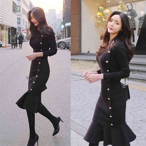 Vinter tröja klänning Korea damer stickning långärmad varm fishtail fest för kvinnor kläder 210602