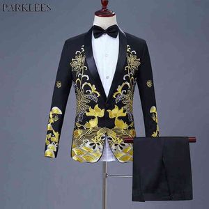 Gold Fish Haft 3 sztuk Garnitur Mężczyźni Slim Fit One Button Szal Kapel Męskie Garnitury Z Spodnie Stage Party Costume Homme Black 210522