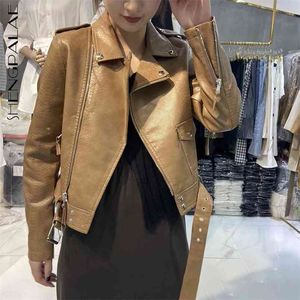 SHENEGPELAE PU Leather Coat Women's Spring Lapel Short Slim Snake Pattern Zipper Long Sleeve Motorcycle Jacket 5B843 210427