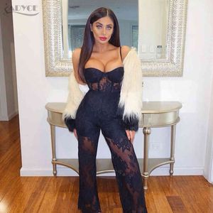 Summer Women Runway Bandage Jumpsuit Rompers Elegant Lace Spaghetti Strap Sexig Bodysuit Vestido Clubwear 210423