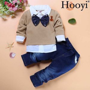ingrosso Hooyi-Gentleman Hooyi Baby Boys Abbigliamento Abiti per bambini Moda pezzi Set Camicia per bambini Jean Boy Outfits Big Bow T shirt T shirt Pantaloni X0802