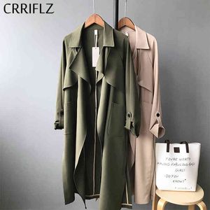 Vår lång Casual Trench Coat Kvinnor Full längd ärm Öppna Stitch Outwear CRRIFLZ 210520