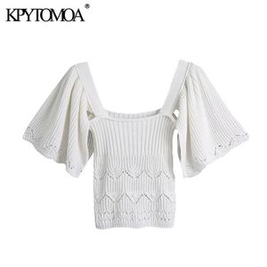 Kvinnor Mode med Ruffled Sleeves Beskuren Stickad Tröja Vintage Square Krage Monterade Kvinna Pullovers Chic Toppar 210416