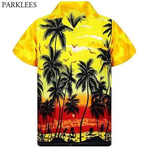 Sarı Hawaii Plaj Gömlek Erkekler Yaz Moda Palmiye Ağacı Baskılı Erkek Tropikal Aloha Gömlek Tatil Tatil Chemise Homme 210626