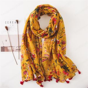 Algodão floral impresso amarelo lenço hijabs xales com borlas mulheres fashion beach longos xales muçulmano cabeça envoltórios