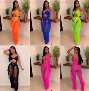 Women Designer Plus Size Swimsuits Bikini 2 Two Piece Set Sexy Mesh Bandage Bra Ruffle Long Pants Swimwear Summer Bathing Suits 8620