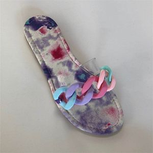 Seksowne Przezroczyste Sandały Kobiety Drukowanie Kwiaty Kapcie Letnie Otwórz Toe Łańcuch Slajdy Płaskie Sandal Moda Rainbow Flip Flops Outdoor Beach Casual Buty EU35-43 NO02