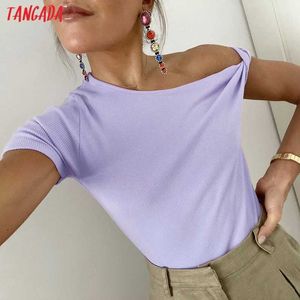 Tangada Mulheres Roxo Off Off Cotton T Shirt Manga Curta Tees Ladies Casuais T-shirt Rua Wear Top 1D241 210609