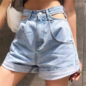 Hög midja denim shorts kvinnor jeans ihåliga ut koreanska midjade breda ben kvinnliga sommar streetwear bottnar tjejer 210621