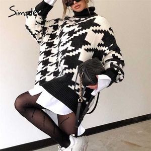 Turtleneck de malha outono inverno camisola mulheres houndstooth longo pulôver femlae moda quente preto branco feminina 211011