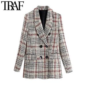 TRAF Moda Donna Doppiopetto Tweed Check Blazer Cappotto Vintage Tasche a maniche lunghe Capispalla femminile Chic Top 210415