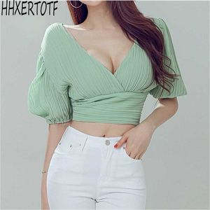 Lato Koreański Temperament Kobiety V-Neck Latarnia Rękawy Moda Plisowana bluzka 210531