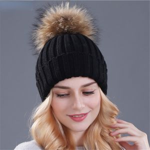 Naturlig mink päls vinter hatt för kvinnor flicka stickade mössor hatt med märke tjocka kvinnliga keps skullies bonnet skalle kepsar
