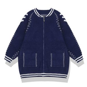 Women Navy Apricot Red Patchwork Embroidery Zipper Pocket Knitted Loose Long Sweater Cardigans Crewneck Coat M0119 210514