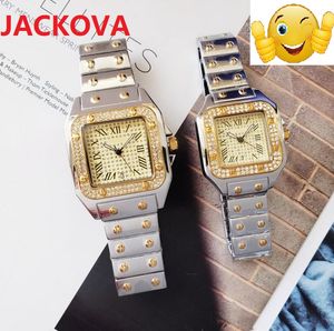 メンズ女性スクエアダイヤモンドリングウォッチクラシックローマンナンバーデイデート時計40mm 32mmすべてステンレススチールクラシックジュエリー腕時計ガールギフトエレガントな時計
