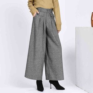 Warm Wool Women's Pants Winter Female High Waist Pleated Wide Leg Capris Women Trousers Woman Plus size 4xl 609J 210420