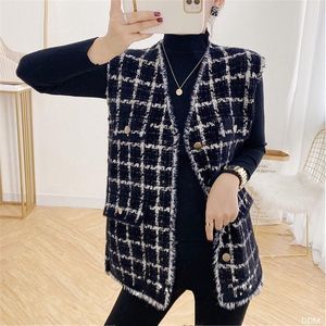 Elegante Gillet Femme Weste Jacke Frauen Strickjacke Herbst Winter 2021 Lose Hahnentritt Gestrickte Streetwear V-ausschnitt Mantel frauen Westen