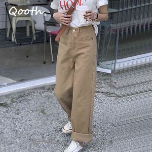 Qooth cintura alta cintura calça jeans calças mulheres em linha reta solta larga perna primavera calças de outono todos os fósforos Causal Slim Jean calças QT846 Y211115