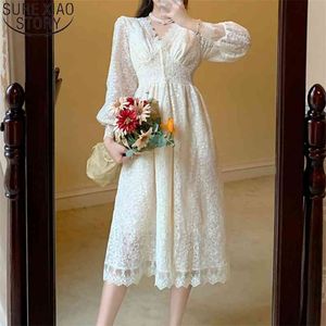 Apricot A-line Midi Dresses Women Autumn Vintage Lace Dress Hollow Out Temperament V-neck Elegant Vestidos 12758 210506