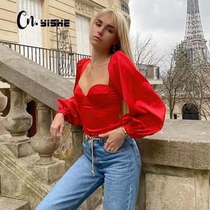 CNYISHE SEXY SEXY Vintage Collar Vermelho Colheita Tops Mulheres Skinny Buff Manga camisetas T-shirt Feminino Blusas Casuais Preto Camisas Tops 210419