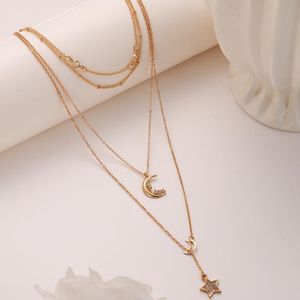 Hängsmycke Halsband Gold Star Moon Multi Layer Collar Statement Kedja Neckalce för Kvinnor Choker Mode Smycken Tillbehör Gåva Partihandel