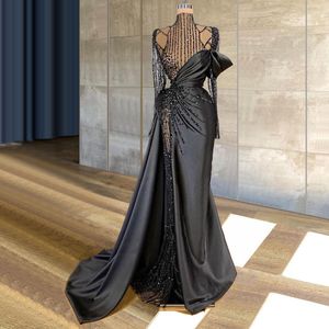 Gorgeous Black Mermaid Evening Dresses Bling Luxury Crystal Sequins Beads High Neck Long Sleeve Prom Dress Saudi Arabia Robe De Soiree