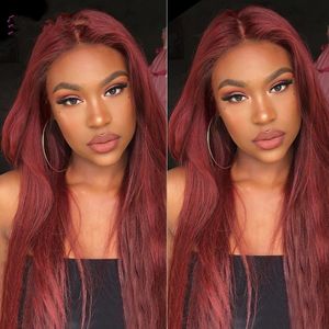 Burgundy 13x4 HD Transparent Lace Frontal Human Hair Wigs 99J Straight 360 Front Wig för kvinnor Pre Plucked 150%
