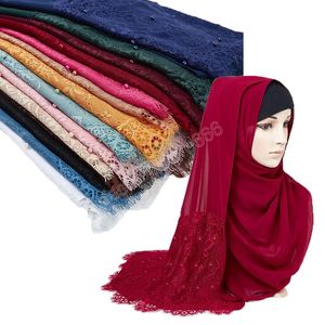 Moda cachecol hijabs cabeça envoltório para mulheres chiffon lace beading pérola headwrap islâmico modéstia longa xale turco