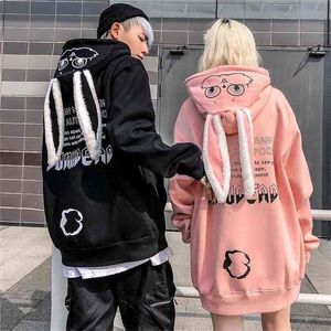 Correspondência Casais Hoodie Mulheres Top Casual Moletons Full Sleeves Fashion Engraçado Rabbit Ears Hoody Homem Casaco Cuba Streetwear 210809