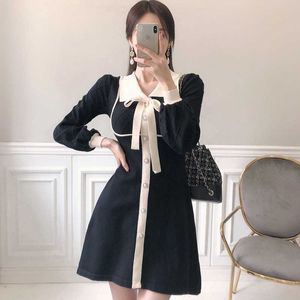 Autumn Winter Warm Sweater Dress Women's Sexy Slim A-Line Hit Color Bow Button Long Sleeve Knitted 210529