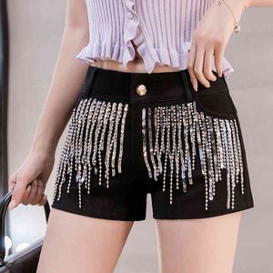 Sequin Tassel Trouser Nya Elastiska Shorts Kvinnor European High Waist Wide Leg Shorts Hot Pants Street Wear Boost Shorts Girls 210416