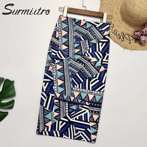 Surmiitro Midi Pencilスカート女性夏ヴィンテージ韓国風幾何学的プリントサイドスリットハイウエストミッドレングススカートメス210712