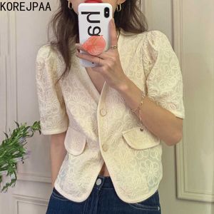 Korejpaaの女性のジャケット夏の韓国のシックなレトロなすべてのマッチVネックボーダーコントラストボタン花刺繍デザインショートコート210526