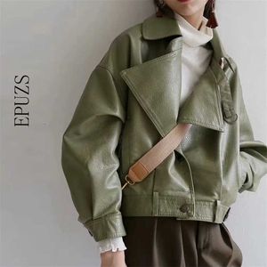 Mulheres Faux Casaco De Couro Mulheres Manga Longa Verde Pu Casaco Streetwear Punk Motocicleta Casaco Casual Senhoras Outwear 211110