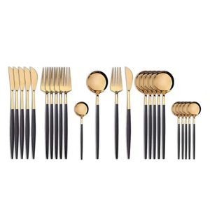 24 pcs 18/10 Set Louça de Aço Inoxidável Set Black Gold Cutlery Colher Faca Faca de Faca Cutleri Talheres Talheres Suprimentos 210928