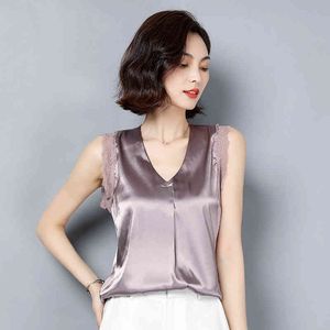 Koreanska Silk Kvinnor Blusar Kvinna Lace Satin Toppar Plus Size Ärmlös V-Neck Blusas Mujer de MODA 210427