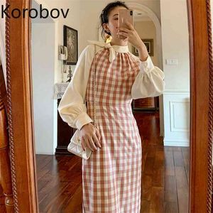 コロバフヴィンテージエレガントなスタンドカラー女性のドレス韓国の甘い弓カワイイ女性のドレスチェック柄パッチワーク長袖Vestidos 210430