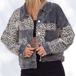 Jaquetas femininas FNOCE 2021 Inverno Jean Moda Tendências Casual Streetwear Leopardo Relógios de Manga Longa Buraco Slim Denim Casacos