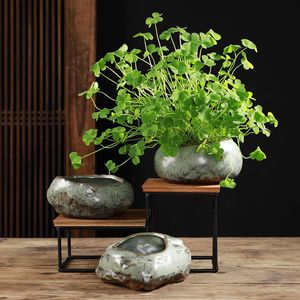 Chinese Retro Art Flower Desktop Display Copper Green Ceramic Fleshy Pot Water Culture Money Grass Planters & Pots