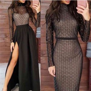 Women Dress Transparent Bandage Diamond Bodycon Mesh Sparky Party Long Sleeve Clubwear Split High Waist Fashion Clothing 210522