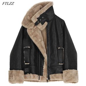 Winter Women Mink Patchwork PU Leather Jacket Loose Stand Collar Motorcycle Vintage Zipper Windproof Coat 210423