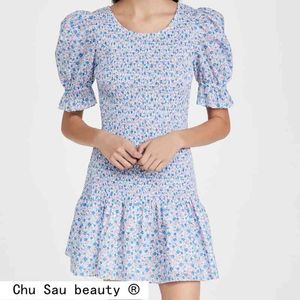 Sommar Blogger Style Lovely Chic Floral Print Mini Dress Kvinnor Söta Ruffles O-Neck Tight Dresses Kvinna 210514