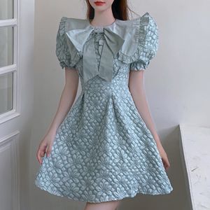 Arrival Summer Sweet Bowknot Big Lapel Jacquard Mini Dress Vintage Slim A-Line Party Dress Vestido 210518