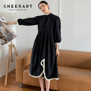 Autumn Striped Long Ruffle Dress Women Sleeve Asymmetrical Ladies Midi Vintage Japanese Clothes 210427