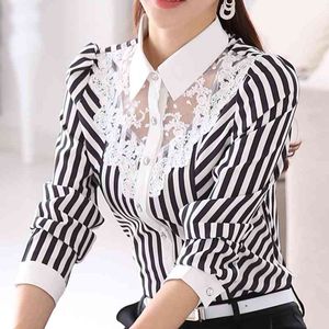 Kadınlar Dantel Eklenmiş Nakış OL Bluzlar Kadınsı İnce Gömlek Kore Moda Şerit Tops Artı Boyutu 4XL 210721