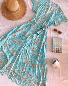 INSPIRED Oceania Maxi Dress Blue Wrap sexy beach dress floral print dress long V-neck cute maxi dresses for women 210412