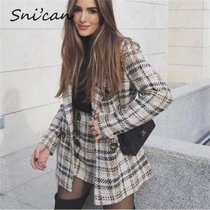 Snican Britischer Stil Frauen Plaid Tweed Jacke Mantel mit Taschen Mode Büro Damen Zweireiher Tops Casual Outwear Za 211104