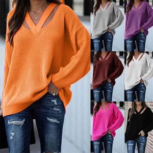 Sweter Kobiety Moda Casual Solid Color Z Długim Rękawem V-Neck Hollow-Out Pullover Swetry Kobiet Oversize Pulowers 210922