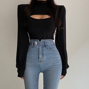 Sexy Hollow Out Y2k Aesthetic Cotton Turtleneck Long Puff Sleeve Women's T-Shirts Women Harajuku Goth Black Crop Top Tees 210415